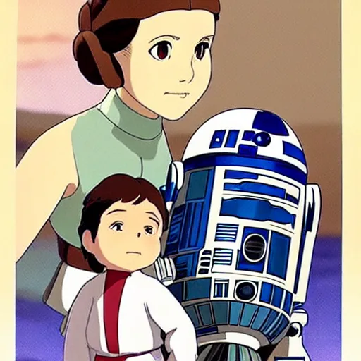 Prompt: princess leia and r 2 d 2, anime, studio ghibli