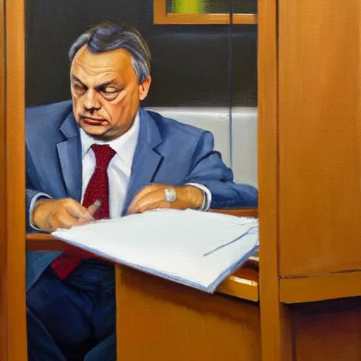 Image similar to viktor orban doing paperwork in a cubicle, oil painting