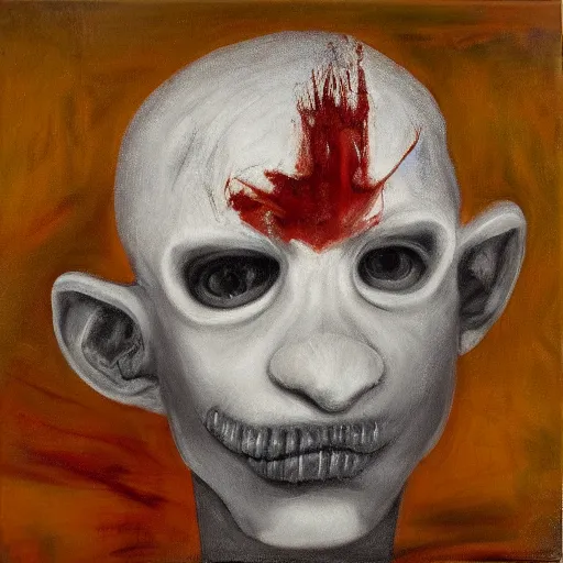 Prompt: acrylic on canvas by sally mann, by robert kirkman dismal, emotive. a beautiful painting of a giant head. the head is bald & has a big nose. the eyes are wide open & have a crazy look. the mouth is open & has sharp teeth. the neck is long & thin.