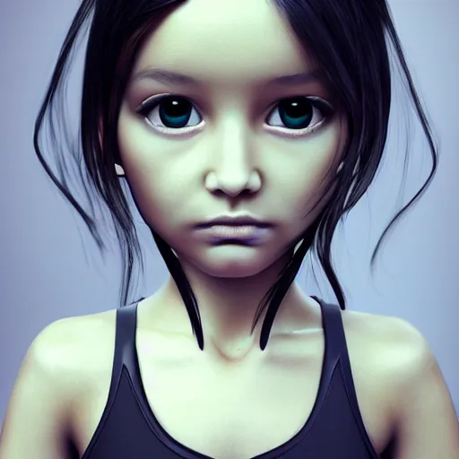 Image similar to little alien girl with big sad black eyes and dark hair, bangs cover half of her face, sci - fi, 3 d, photorealistic, ultra - details