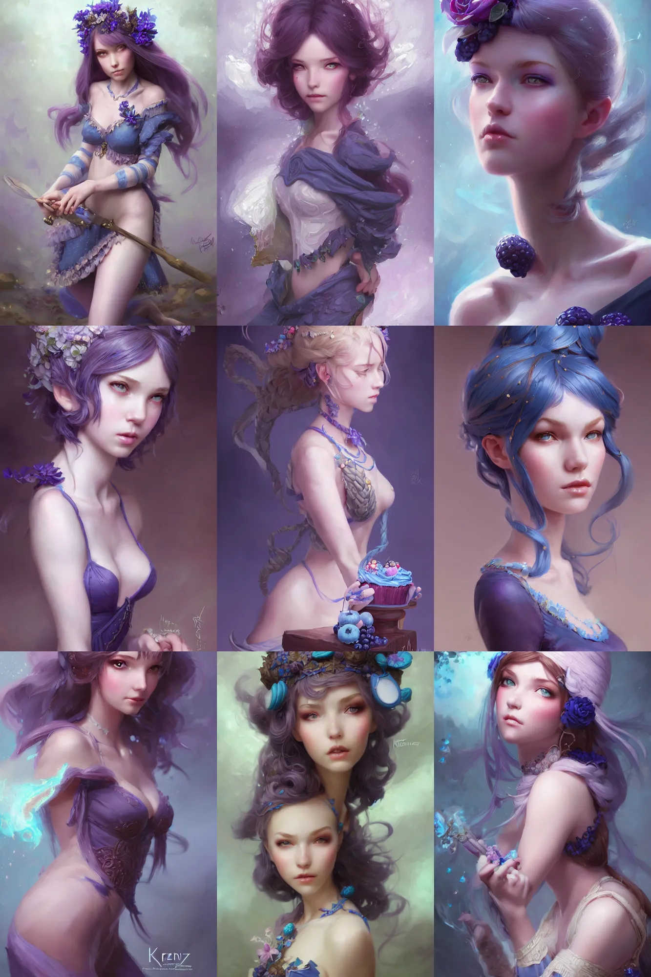 Prompt: a ( girl as personification of blueberry cake ), beauty portrait, fantasy bakery, digital art by krenz cushart, laurie greasly, wlop, artgerm, scott m fischer, intricate, highly detailed, sharp focus, smooth, epic composition, joyful, unreal engine