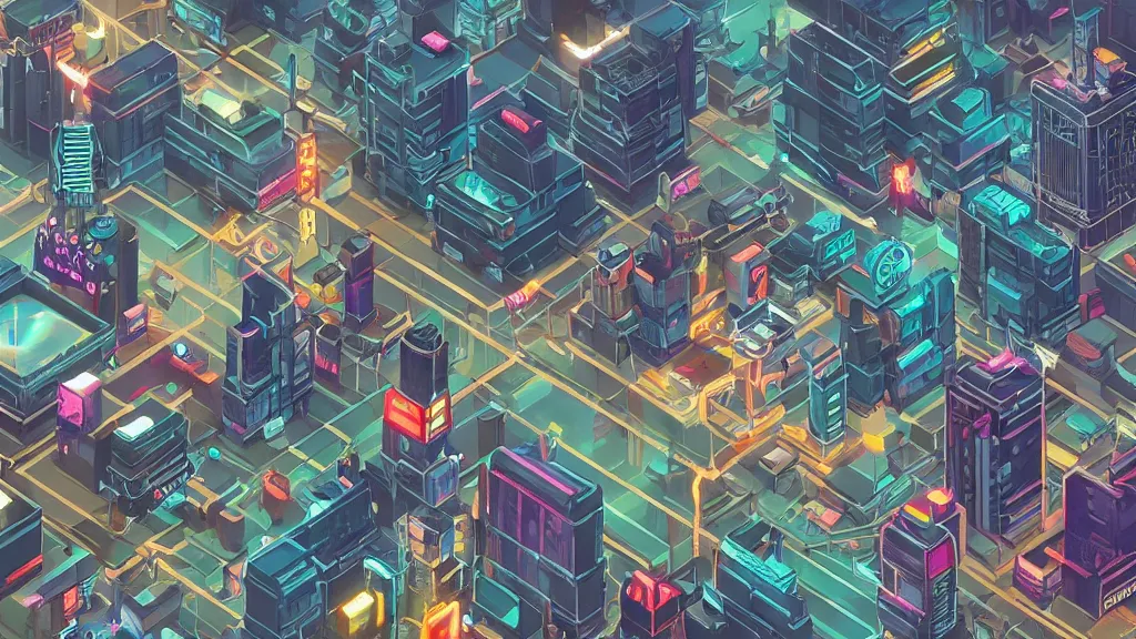 Image similar to isometric view of cyberpunk city Digital art, concept art, detailed, lovely colors, Art station , 2D , 4K,