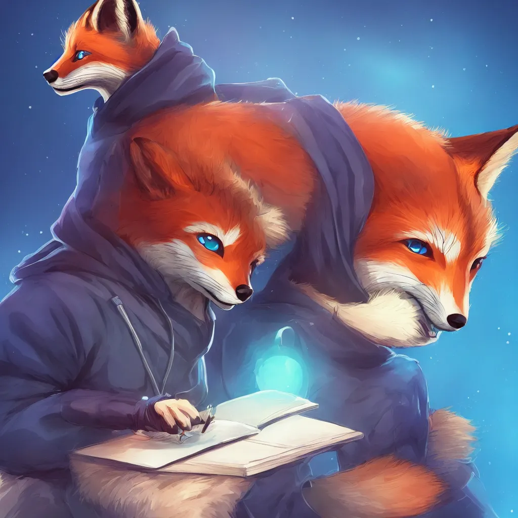 Prompt: a fox in a blue hoodie on the white background hacking a notebook, concept art, anime style, digital art picture, highly detailed, artstation, detailed, award winning, colorful