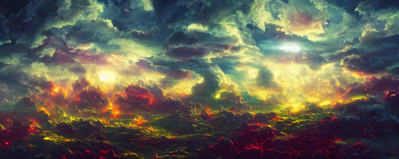 Image similar to ” epic clouds, [ cinematic, detailed, epic, widescreen, opening, establishing, mattepainting, photorealistic, realistic textures, octane render, art by paul lehr ] ”