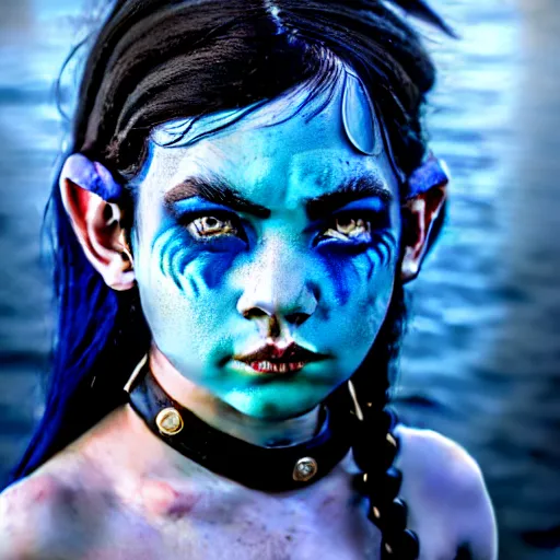 Prompt: a dnd Triton girl with blue skin and messy black hair, a little blue-skinned girl with messy black hair sharp pointed ears freckles along the ridges of her cheeks, dnd triton, high resolution film still, 4k, HDR colors