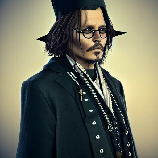 Prompt: portrait of johnny depp as a bishop, ultra realistic photography, highly detailed, photorealistic, octane render, 8 k, unreal engine