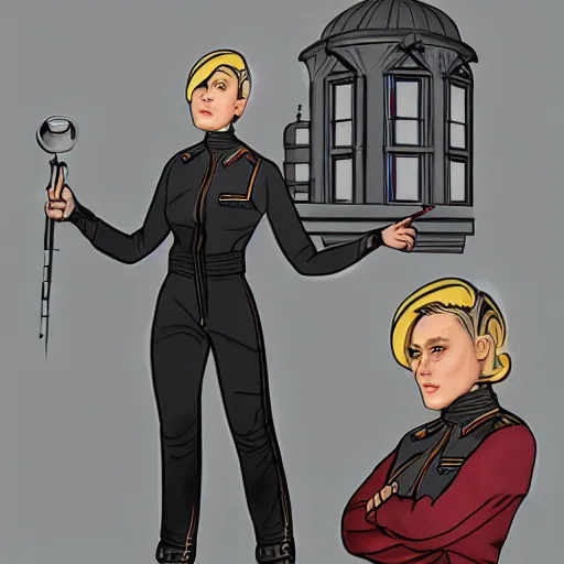 Prompt: character concept art, highly detailed, heroic stoic emotionless butch blond woman engineer with very short slicked - back hair, narrow eyes, wearing atompunk jumpsuit, standing inside dreamy ornate observatory with big brass telescope, science fiction, mike mignogna, digital art