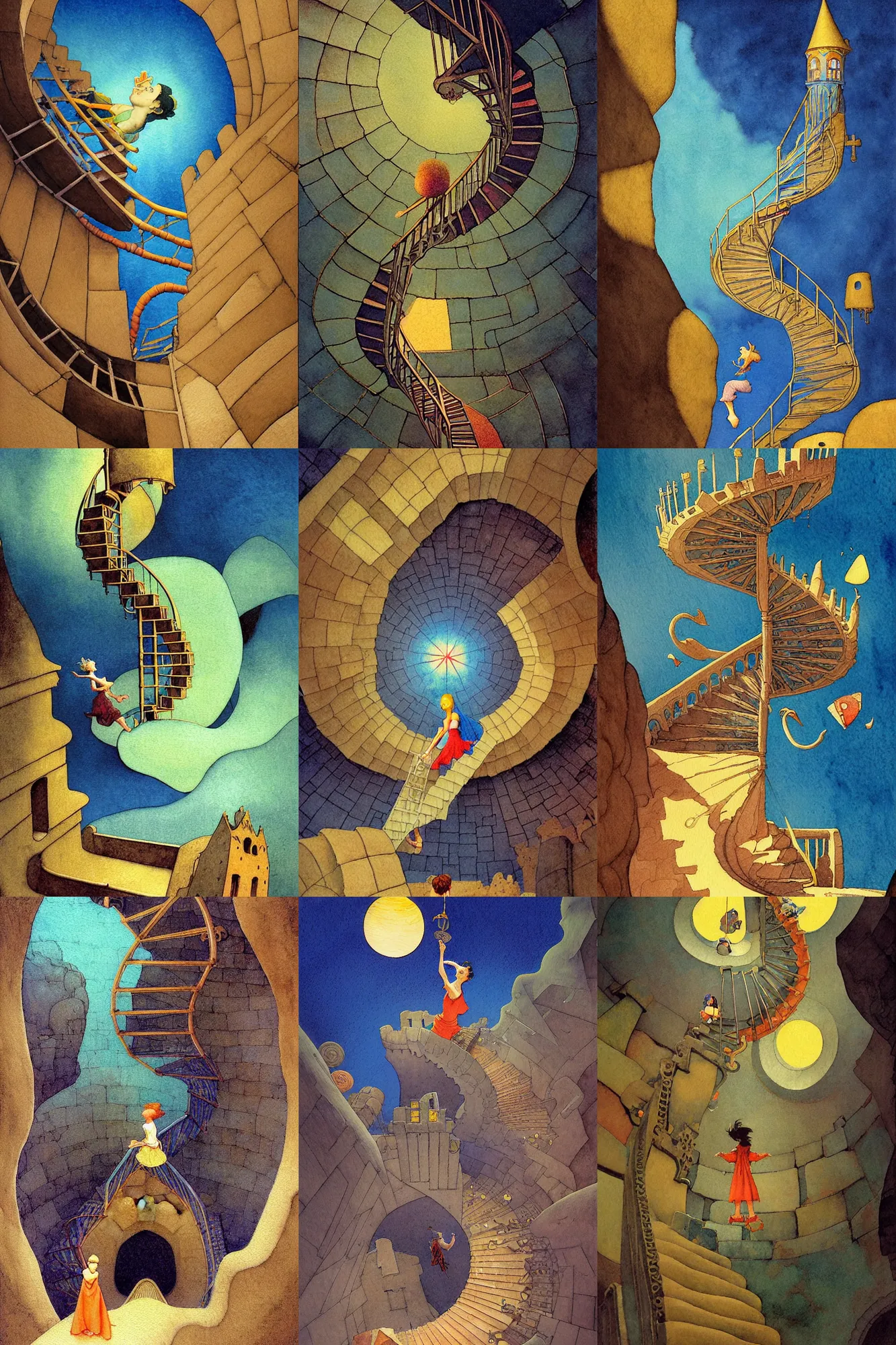 Prompt: dixit card, inside the sand castle, focal point, character chasing, chased, dark fantasy, looking down the spiral staircase, vertigo, fear of heights, dizzying, intricate, amazing composition, colorful watercolor, by ruan jia, by maxfield parrish, by shaun tan, by nc wyeth, by michael whelan, by escher, illustration, gravity rush, volumetric