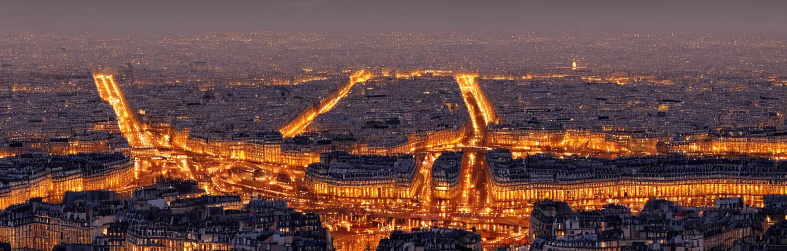 Image similar to night time photo of paris france seen from a luxury hotel window with bokeh, depth of field, glowing lights, romantic beautiful, black, red, yellow, orange colors, telephoto lens, romantic, soft, beautiful, award winning architecture, extremely beautiful lighting, cinematic composition, modern, render, architectural, architecture, realistic, clear