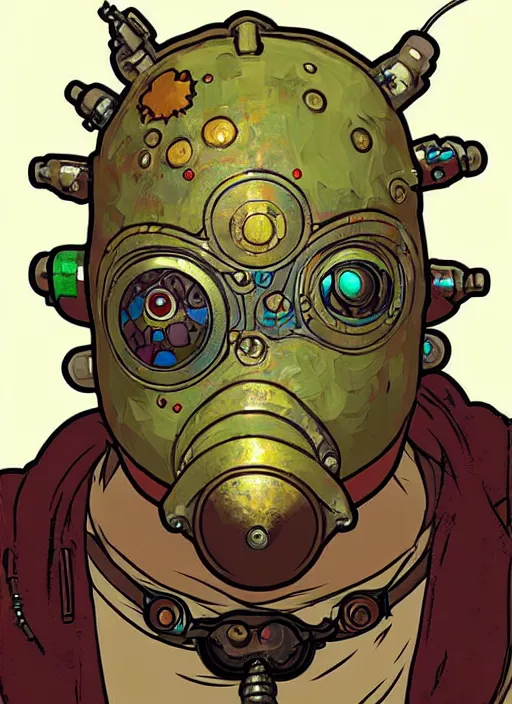 Prompt: biopunk goron mask link from zelda!! portrait illustration, pop art, splash painting, art by geof darrow, ashley wood, alphonse mucha, makoto shinkai