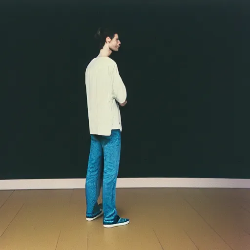 Prompt: kodak portra 4 0 0 photograph of a skinny guy standing in a room with floor to ceiling screens, back view, moody lighting, telephoto, 9 0 s vibe, blurry background, vaporwave colors!, faded!,