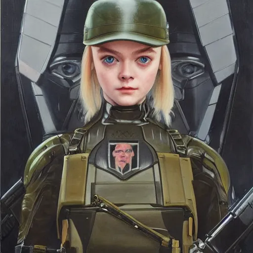 Prompt: a vintage portrait painting of elle fanning wearing swat gear in metal gear solid and death stranding, highly detailed, art by tristan eaton and artgerm and william - adolphe bouguereau