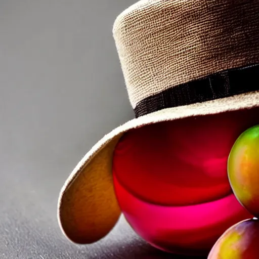 Prompt: a single plum, floating in perfume, served in a mans hat