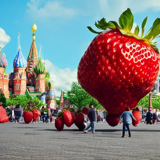 Prompt: super wide shot of giant strawberry monster on red square, 4 k, greg rutkowski, bokeh