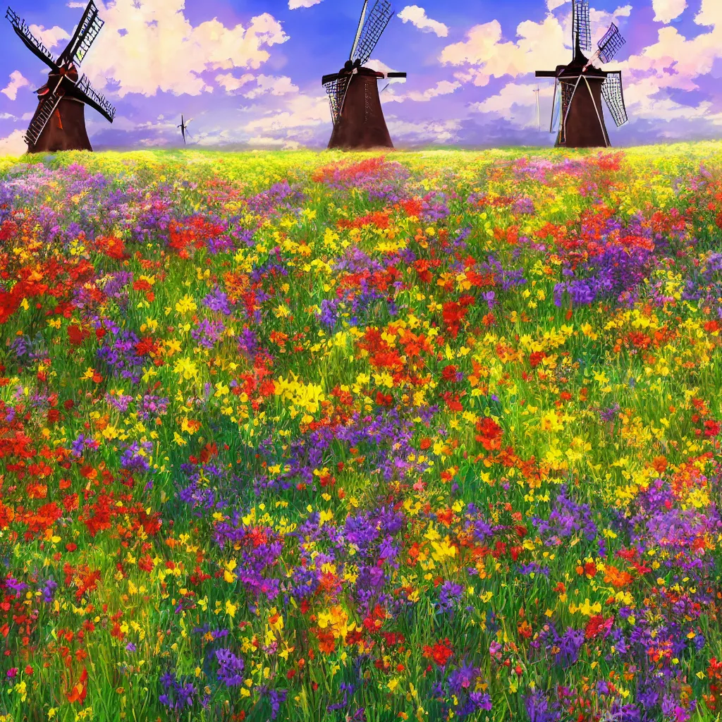 Prompt: scenic view of a flower meadow with a windmill, award - winning anime digital art