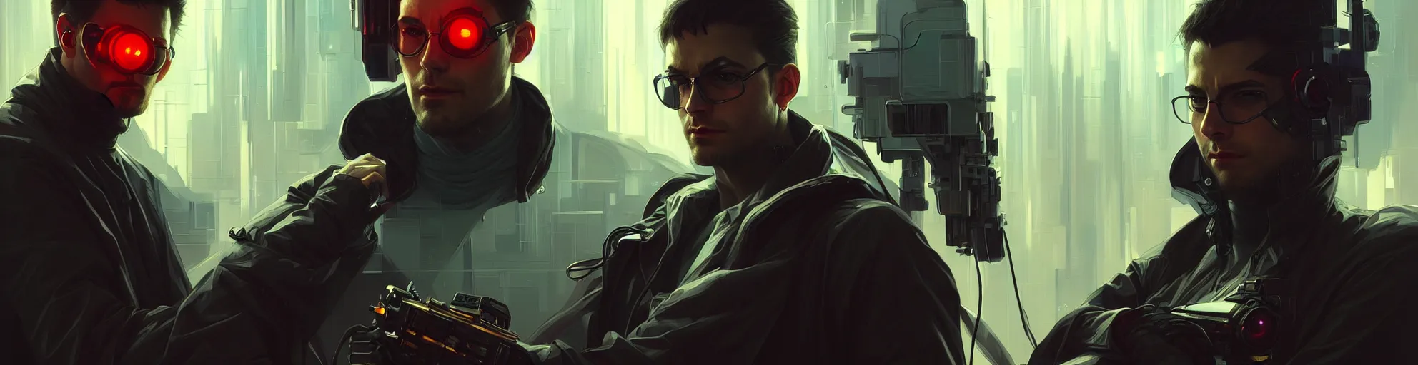 Image similar to Hacker cyberpunk man portrait, highly detailed, digital painting, artstation, concept art, smooth, sharp focus, illustration, art by artgerm and greg rutkowski and alphonse mucha