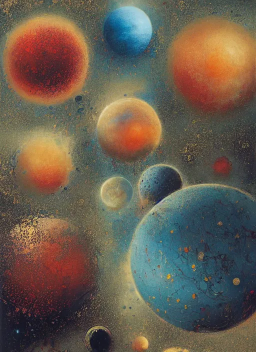 Image similar to spheres being covered by extremely detailed splatters of abstract gold paint, planets and moons engulfed in flames in the style of, pascal blanche, surreal, beksinski, high detailed