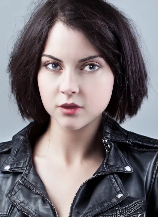 Image similar to young woman in her 20s, she wears a leather jacket and boots, full body shot, taken by a nikon, very detailed face