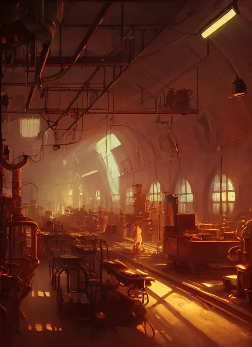 Prompt: beautiful interior of a small steampunk factory, artgerm, james gilleard, delphin enjolras, goro fujita, makoto shinkai, paul lehr, exquisite lighting, octane render, very coherent, trending on artstation