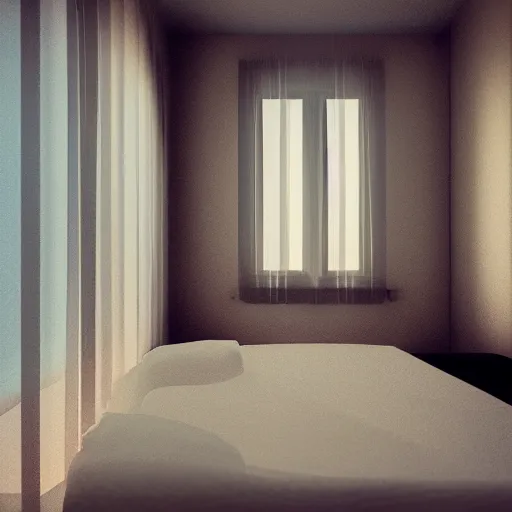 Image similar to hotel room, musty, ambient lighting, light shafts from window blinds, sun ray, dusty, moody, atmospheric, beautiful, abandoned room, motel room, artstation award, detailed