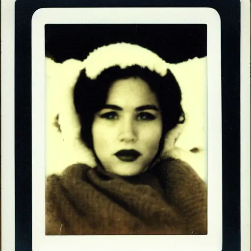 Prompt: full body polaroid of a young woman with black hair, small nose, plump lips, honey colored eyes and symmetrical face standing in front of a snowy cabin