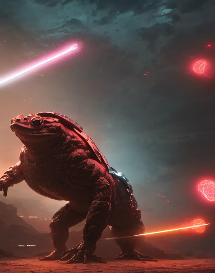 Image similar to a photo of a huge wide toad in a futuristic armor with glowing katana sword, cyberpunk, hyper realistic, hyper detailed, volumetric lightning, grainy film, octane render, 8k, raytracing