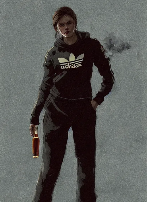 Image similar to russian slav heroine wearing an addidas tracksuit squatting with whiskey in one hand and a cigarette in the other hand. by greg rutkowski and wlop, detailed, cinematic, artstation, 8 k, intricate, rule of thirds.