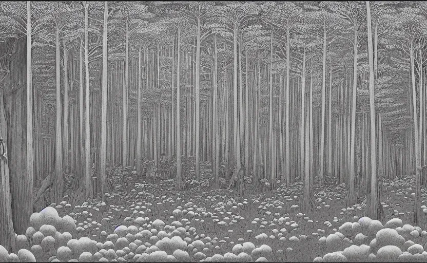 Prompt: giant forest with single wooden cabin, made by Kawase Hasui in unkiyo-e style in disturbing and gloomy atmosphere with vibes of Joe Fenton, H. R. Giger, M. C. Escher, Z. Beksinski