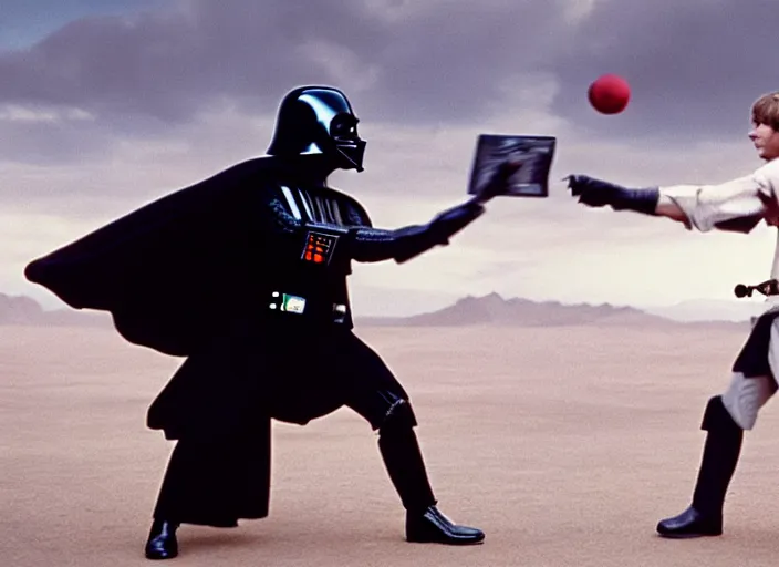 Image similar to film still of Darth Vader plays catch with Luke Skywalker in the new Star Wars movie, 4k