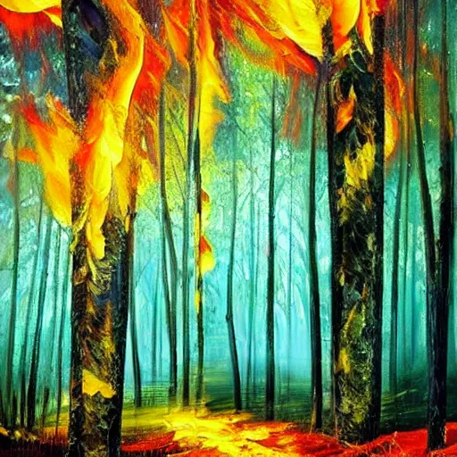 Prompt: a forest in flames with lightning in the background, oil painting, beautiful, enchanting, nature