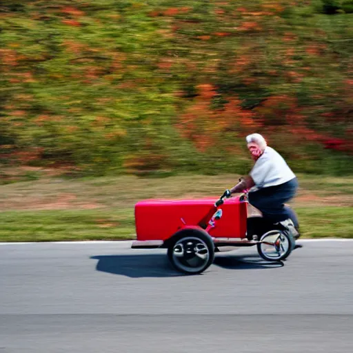 Image similar to old mad man on a red motorized wheelchair with the ferrari logo, highway, action shot