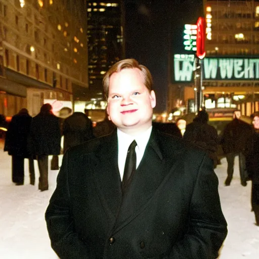 Image similar to 1 9 9 8 andy richter wearing a black wool coat over a black suit and necktie standing on the streets of chicago at night in winter.