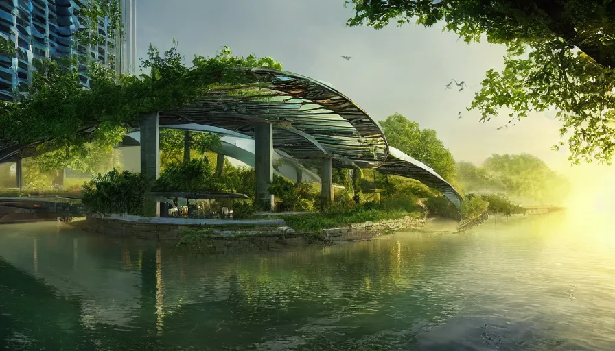 Image similar to concept art of an ecological green hotel built near chicago with water and bridges around it, sunset light, hyperdetailed, artstation, cgsociety, 8 k