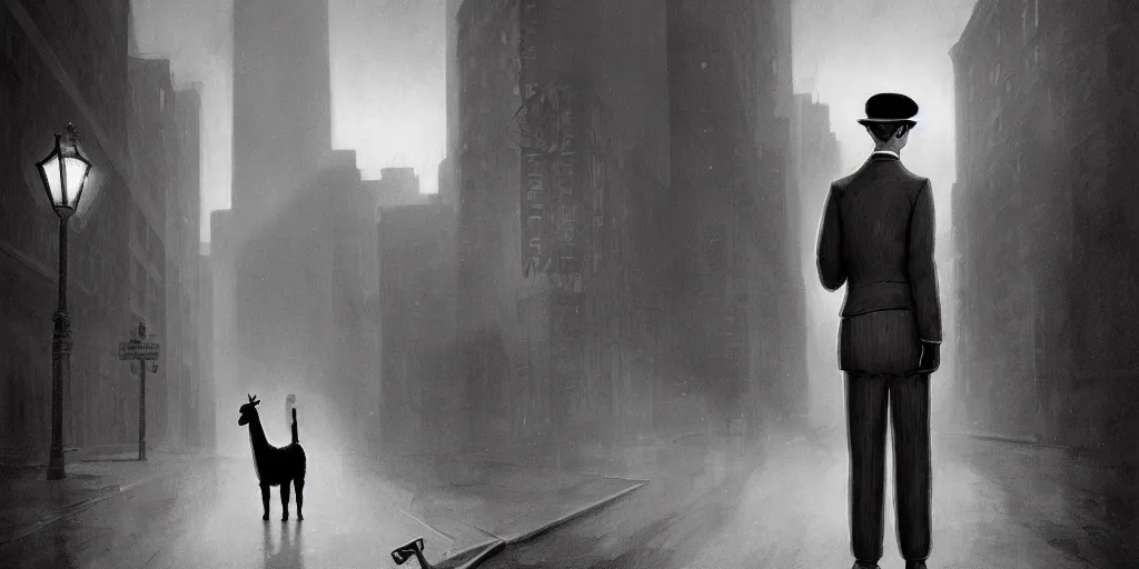 Prompt: an orange llama wearing a 1 9 4 0's noire detective outfit, standing in the streets of chicago at night looking at a crime scene, crime scene photography d & d, fantasy, intricate, artstation, matte, sharp focus, illustration, zdzisław beksinski, gustave dore, caravaggio, abduzeedo