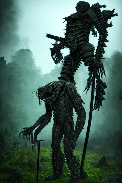 Image similar to post - gothic giant muscular humanoid chimera, exoskeleton armor, holding katana, dystopian ruins covered in vegetation, highly detailed smooth digital art masterpiece, vitaly bulgarov giger dramatic dark teal light, ground angle hd 8 k, sharp focus