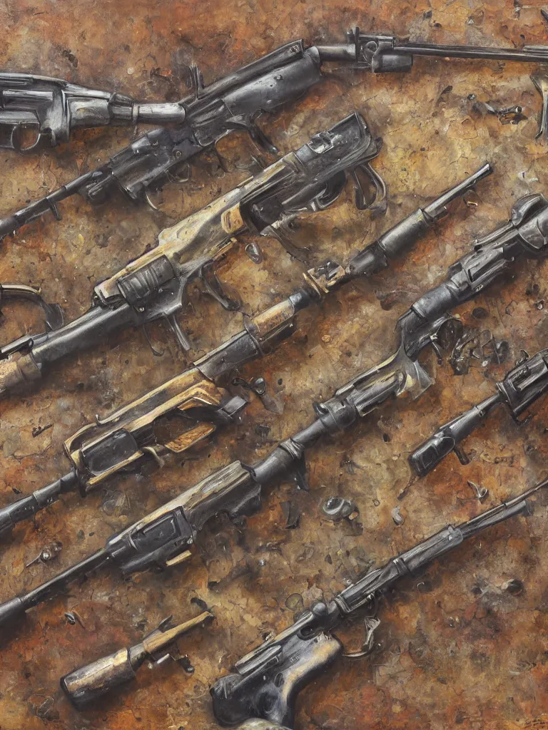 Image similar to detailed oil painting of machine guns shotguns rifles revolvers bullets on a wall, ultrarealistic, intricate details, 4k