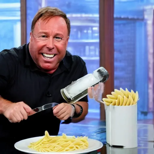 Image similar to alex jones drenched on pasta sauce,