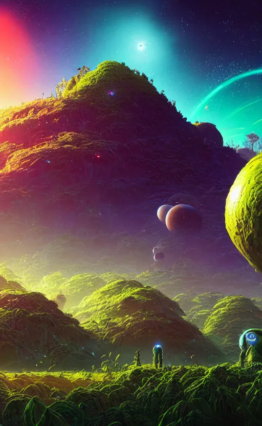 Prompt: An amazing alien landscape with lush vegetation and colourful galaxy foreground, digital art, breathtaking, golden ratio, extremely detailed, hyper-detailed, establishing shot, hyperrealistic, cinematic lighting, particles, unreal engine, simon stålenhag, rendered by Beeple, Makoto Shinkai, syd meade, Kentaro Miura, environment concept, artstation, octane render, 8K UHD image