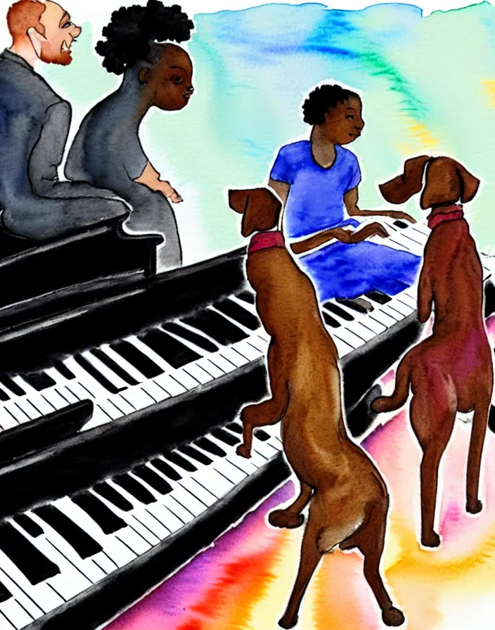 Image similar to a white person and a black person near the piano keyboard with two dogs water colors