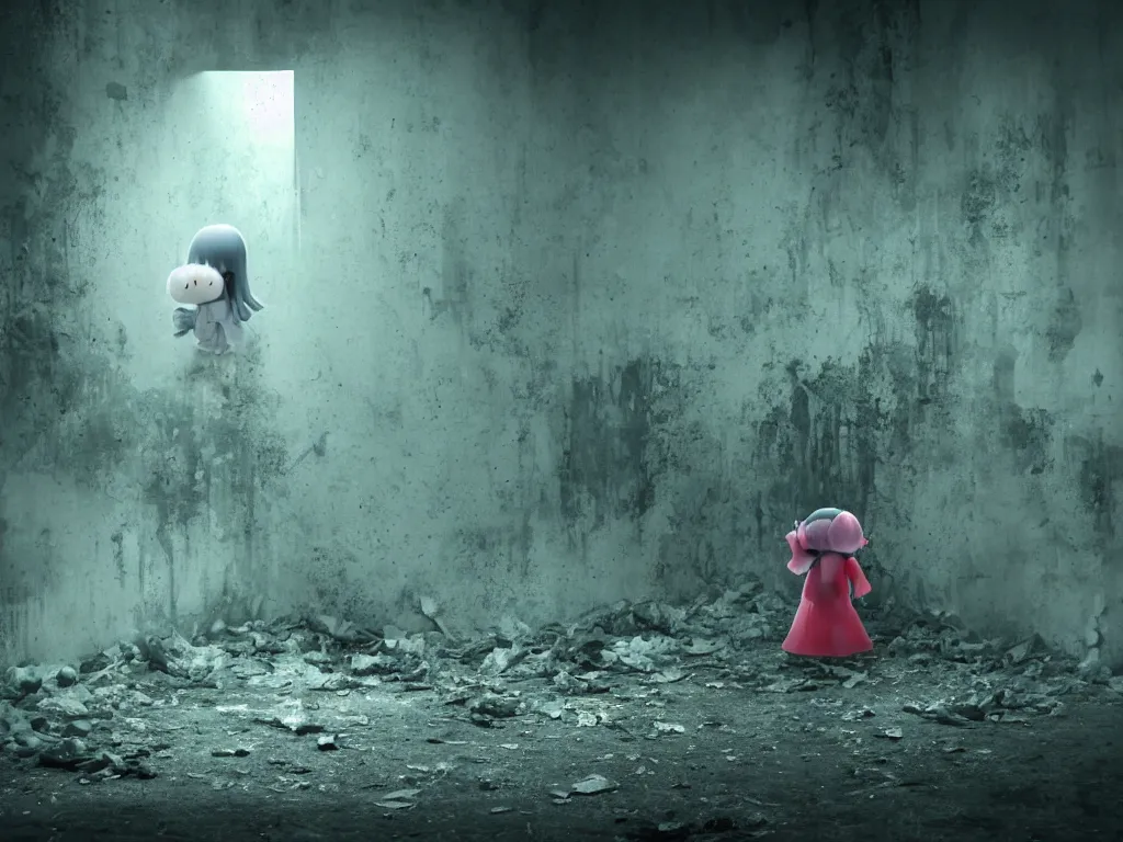 Image similar to cute fumo plush girl ghost lingering in a mysterious concrete wartorn brutalist ruin infected by floating spores of red parasitic fungus, technicolor horrorscape, chibi gothic maiden in tattered rags, dramatic three point lighting, glowing wisps of hazy green smoke and eerie volumetric fog swirling about, vray
