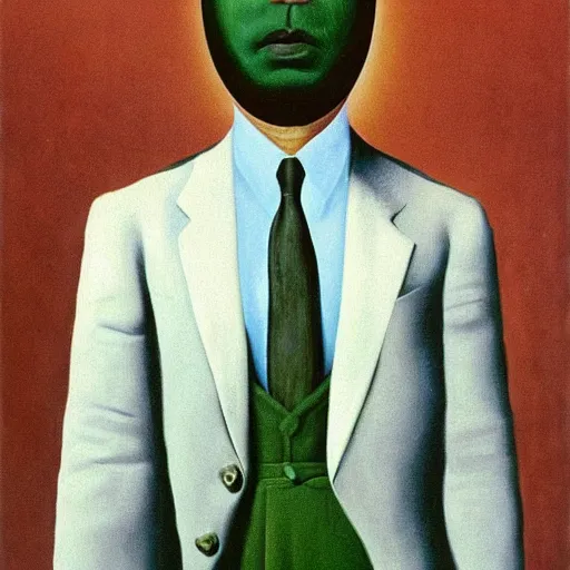Prompt: a man with a beehive instead of a face, surrealist painting by rene magritte. mysterious, ominous