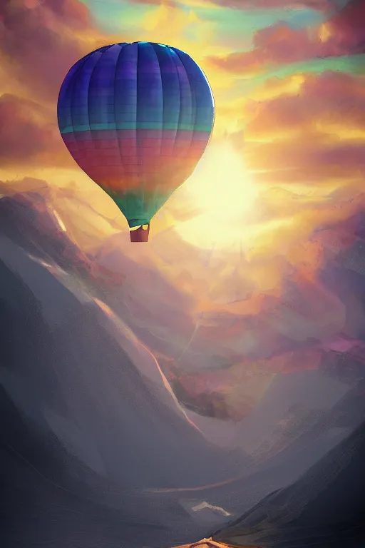 Image similar to sunrise mountain water hot air balloon digital art by amiyakinyu trending on artstation