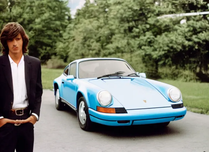 Prompt: color photo of a cool handsome photomodel in a blue suite with arms crossed arms leaning against a white porsche 9 1 1 in the 8 0's. girl beside him