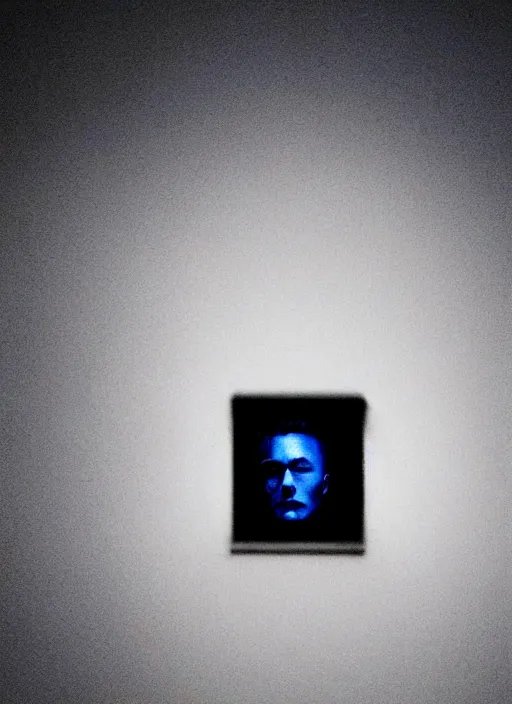 Image similar to dark photo of dark blue rainy bedroom window at night, dimly lit creepy face of elon musk staring in through the window, horror, scary face,