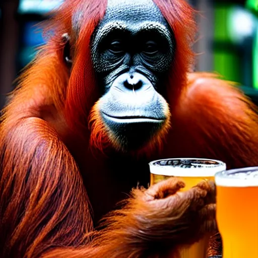 Image similar to orangutan at a pub with a pint of beer in his hand, highly detailed, realistic, beautiful composition, sharp focus, sharp focus