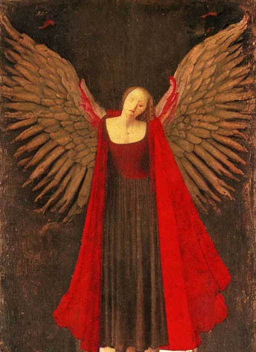 Image similar to Flying Fallen Angel with wings dressed in red, Medieval painting by Jan van Eyck, Johannes Vermeer, Florence