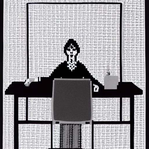 Image similar to a portrait of a secretary sitting behind a desk, 1 9 7 0 th knitted burda style,