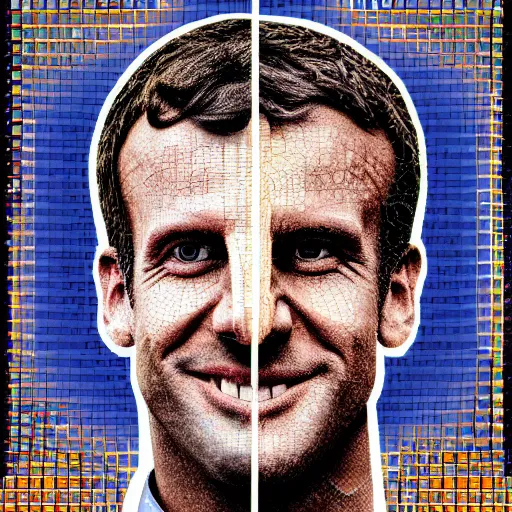 Image similar to portrait mosaic of Emmanuel macron as a robot, 4k, intricate details, digital, sun in the background