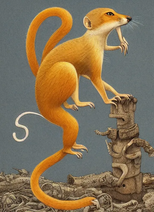 Prompt: a beautiful mongoose stands in a threatening pose with golden eyes, wool with a blue tint and razor - sharp claws, james jean art