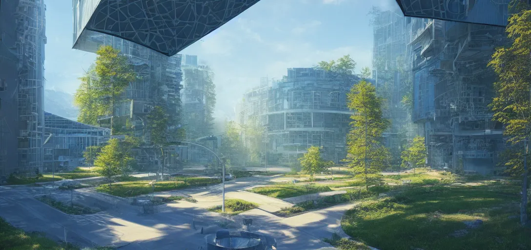 Image similar to view of a utopian solarpunk office building, blue clear skies, dappled light, cinematic lighting, ultra detailed, sharp, ambient occlusion, raytracing, 3 d artstation render by greg rutowski, finnian macmanus and jessica rossier